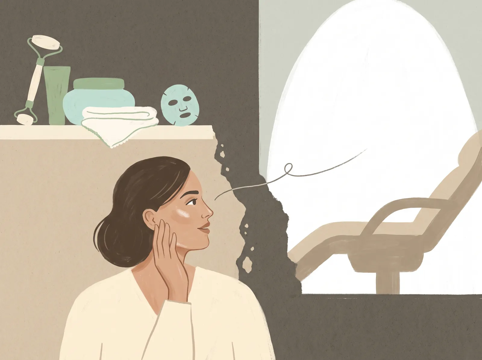 Ilustración donde terminan los objetos de cuidado en casa y empiezan la luz y el sillón profesionales